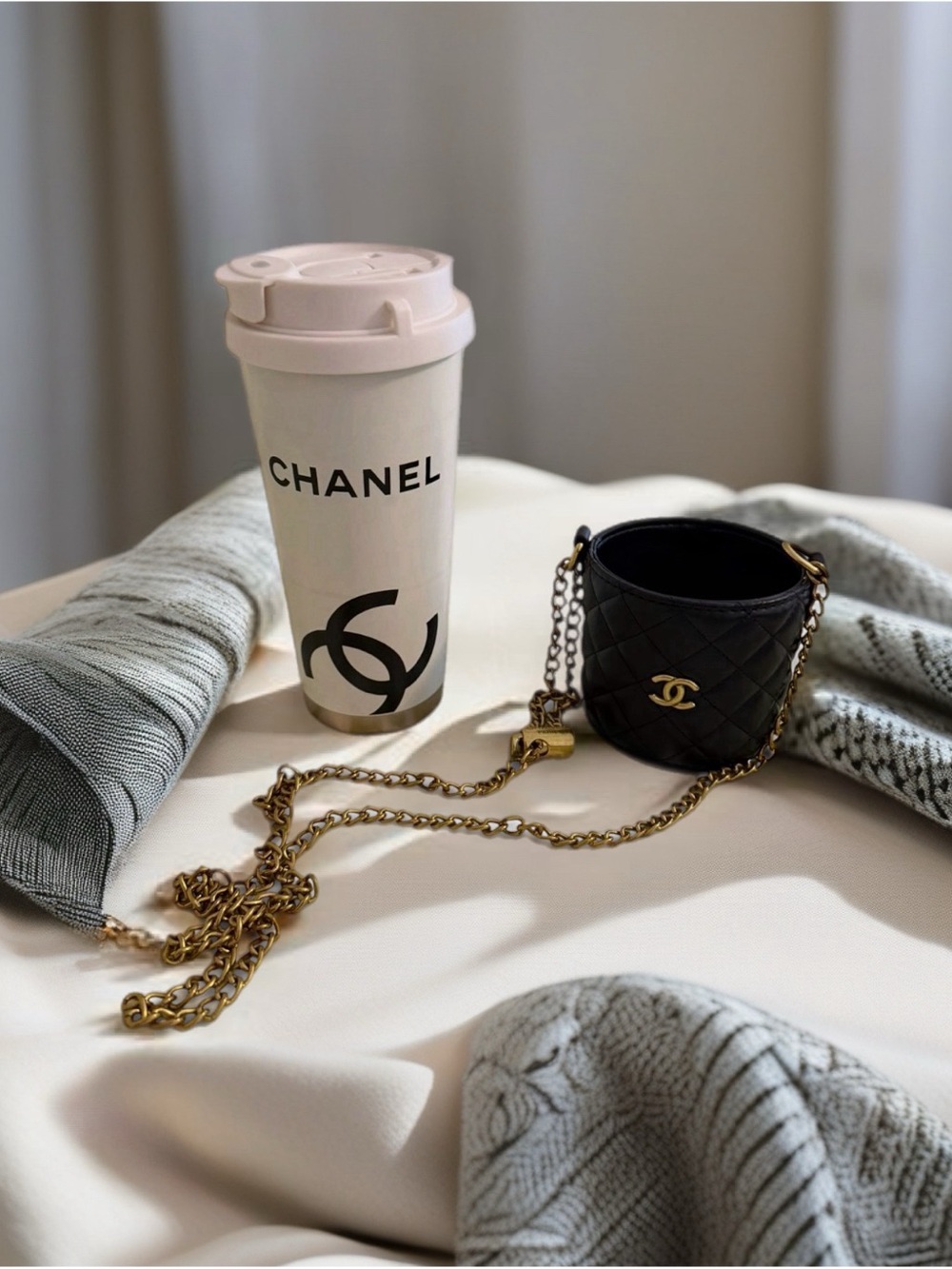 CHANEL Cream and Black Logo Travel Tumbler - Picture 2 of 3